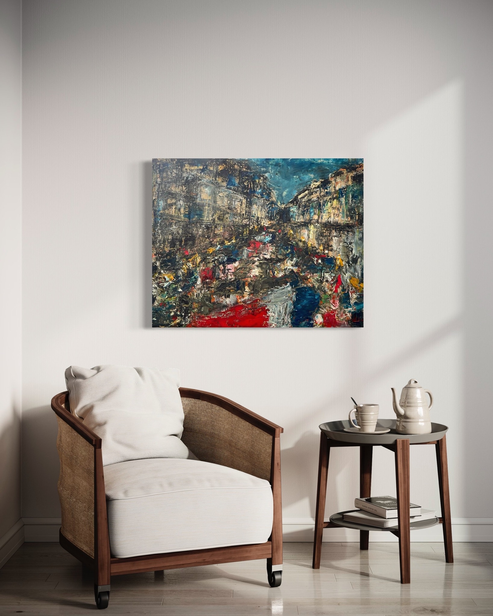 Abstract painting above mid-century modern chair