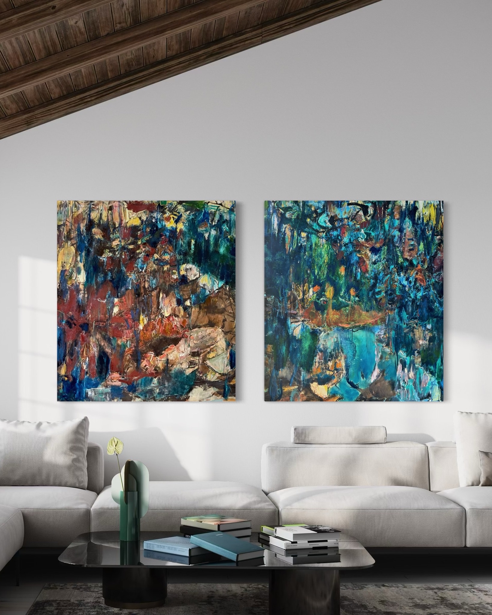 Two abstract paintings above modern white sofa