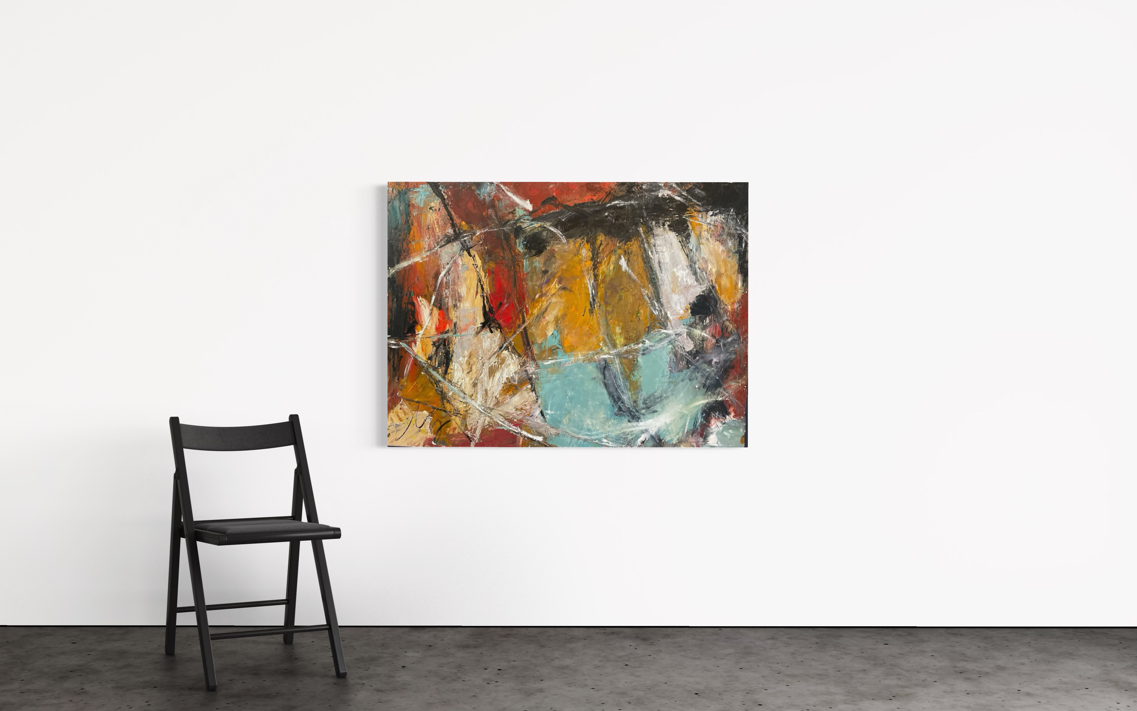 Abstract painting with warm earth tones and teal displayed on gallery wall with chair