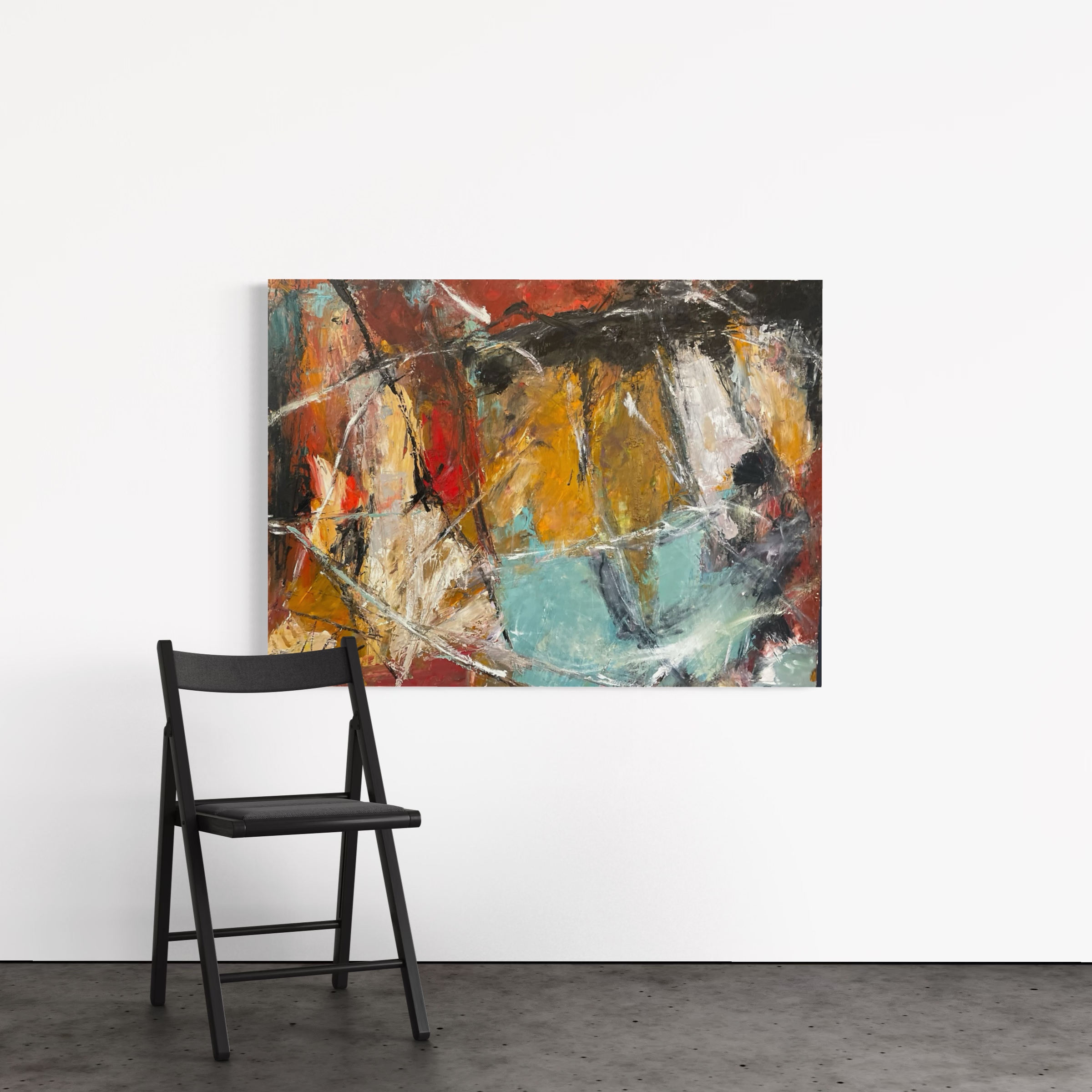 Large abstract expressionist painting with red, ochre, teal and black tones leaning against white gallery wall beside black folding chair