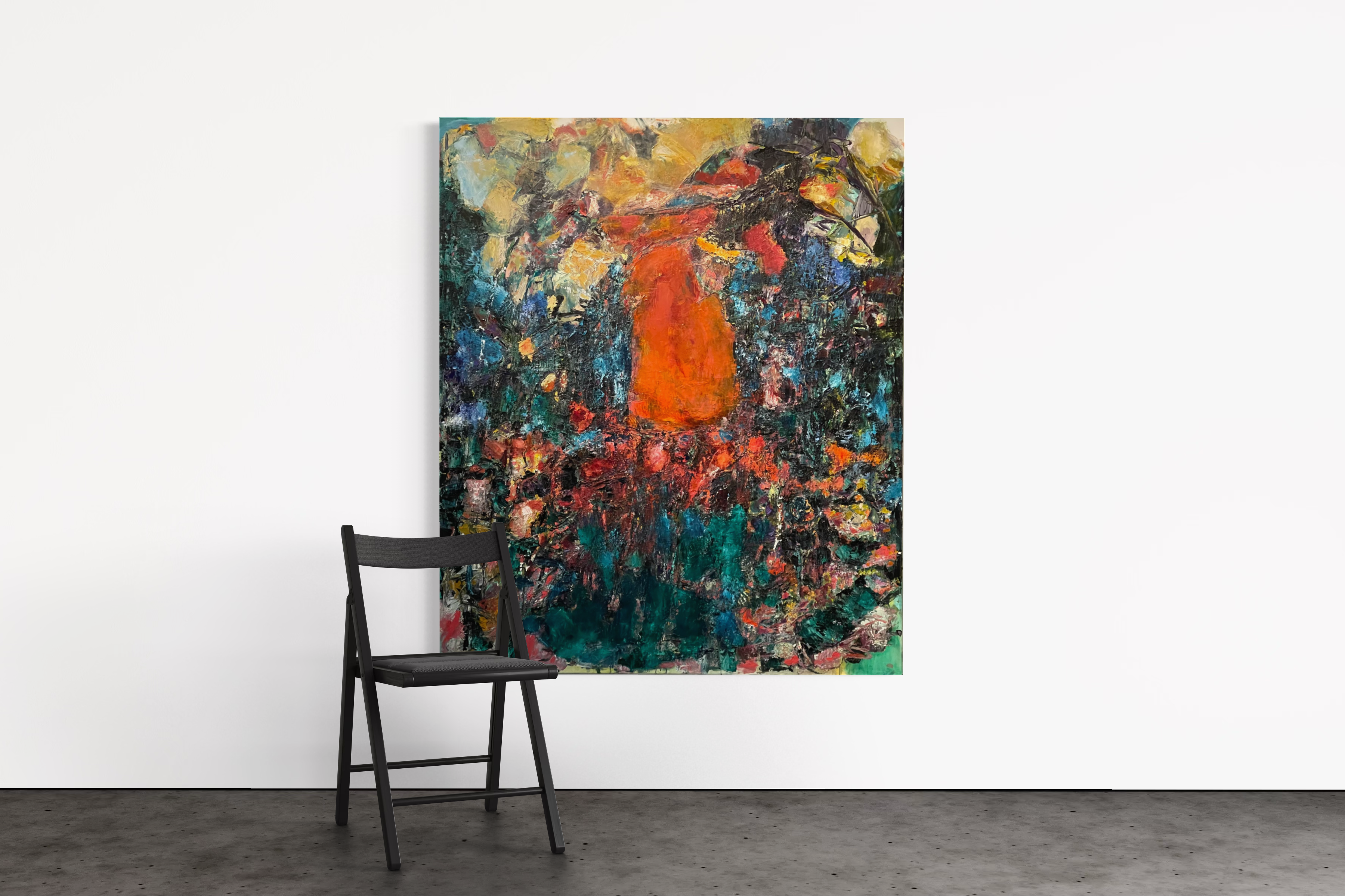 Large abstract expressionist painting with vivid orange, teal, red and yellow tones on white gallery wall beside black folding chair